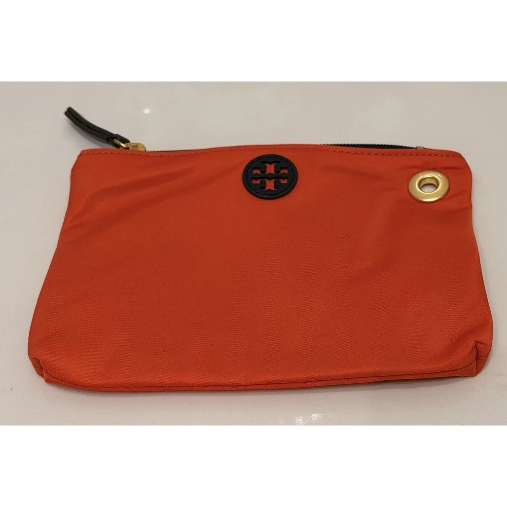 Tory Burch Orange Nylon‎ Cosmetic Pouch Clutch Zip Travel Makeup Bag